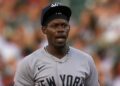 Jazz Chisholm shouts at umpire blaming him after a defensive error in the Yankees' 3-1 win over the Orioles, Baltimore, August 19, 2026.