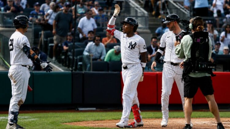 Jazz Chisholm Jr. celebrates after his home run in the Yankees' 8-3 win over the Blue Jays, New York, August 23, 2026.