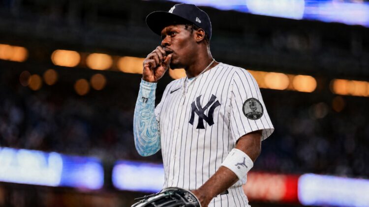Jazz Chisholm Jr. reacts after his throwing error during the Yankees' 2-1 loss to the Braves, New York, August 9, 2026.