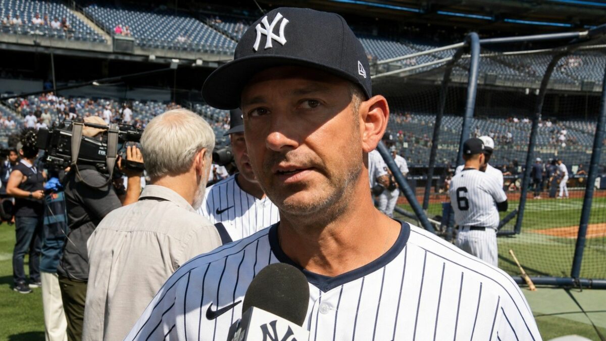 Legend backstop Jorge Posada speaks during the New York Yankees' Old-Timers Day with a game at Yankee Stadium on Aug 9, 2025.