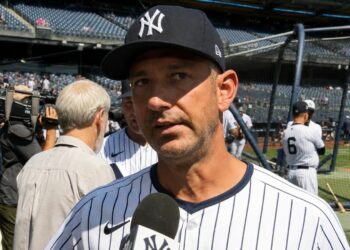 Legend backstop Jorge Posada speaks during the New York Yankees' Old-Timers Day with a game at Yankee Stadium on Aug 9, 2025.