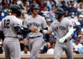 Jose Caballero was with Ryan McMahon and Trent Grisham after hitting a two-run homer in the Yankees' 2-1 win over the Cubs at Wrigley Field, Chicago, August 2, 2026.