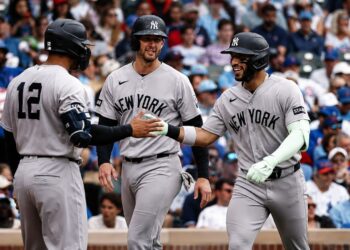 Jose Caballero was with Ryan McMahon and Trent Grisham after hitting a two-run homer in the Yankees' 2-1 win over the Cubs at Wrigley Field, Chicago, August 2, 2026.