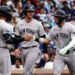 Jose Caballero was with Ryan McMahon and Trent Grisham after hitting a two-run homer in the Yankees' 2-1 win over the Cubs at Wrigley Field, Chicago, August 2, 2026.