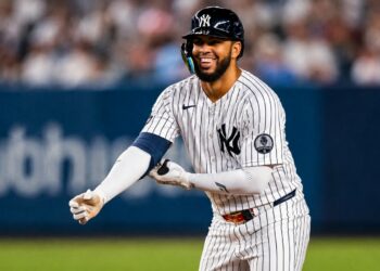 Luis Garcia Jr. reacts after hitting a double in the seventh in the Yankees' 4-1 win over the Mariners, New York, August 11, 2026.