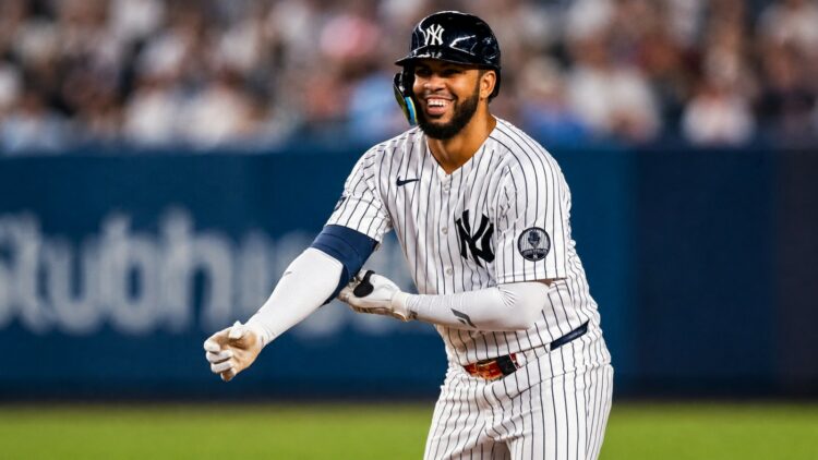 Luis Garcia Jr. reacts after hitting a double in the seventh in the Yankees' 4-1 win over the Mariners, New York, August 11, 2026.