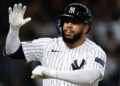 Luis Garcia Jr. reacts after his two-run homer in the eight in the Yankees' 4-3 loss to the Blue Jays, New York, August 22, 2026.