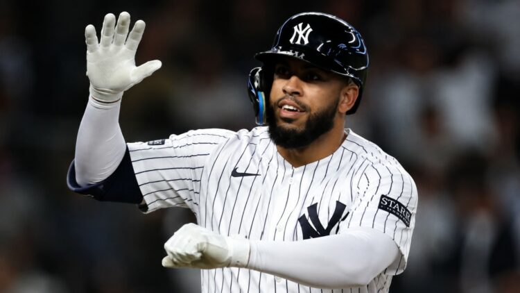 Luis Garcia Jr. reacts after his two-run homer in the eight in the Yankees' 4-3 loss to the Blue Jays, New York, August 22, 2026.