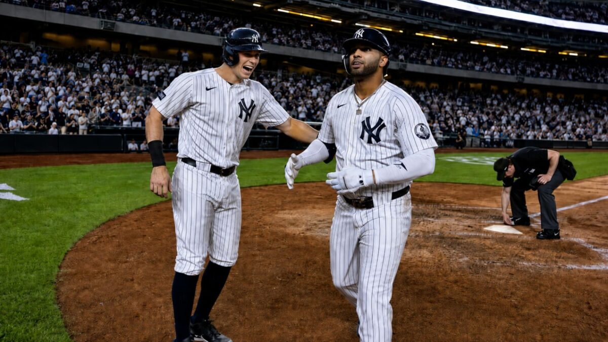Ben Rice congrats Luis Garcia Jr's after latter's three-run homer in the Yankees' 9-7 loss to the Astros, New York, August 26, 2026.