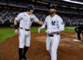 Ben Rice congrats Luis Garcia Jr's after latter's three-run homer in the Yankees' 9-7 loss to the Astros, New York, August 26, 2026.