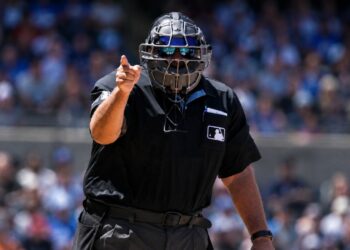 MLB umpire Hunter Wendelstedt is in action in the Yankees vs. Blue Jays game in Toronto, August 16, 2026.