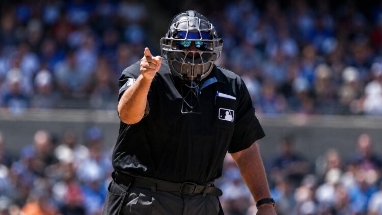 MLB umpire Hunter Wendelstedt is in action in the Yankees vs. Blue Jays game in Toronto, August 16, 2026.