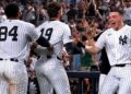 Ryan McMahon, Heliot Ramos and Ben Rice celebrate after the Yankees' 3-2 walk-off win over the Braves, New York, August 7, 2026.
