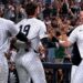 Ryan McMahon, Heliot Ramos and Ben Rice celebrate after the Yankees' 3-2 walk-off win over the Braves, New York, August 7, 2026.