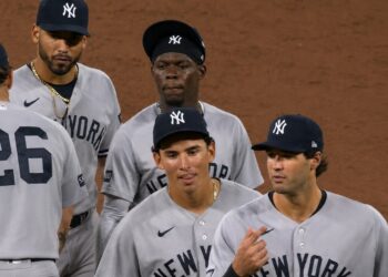 Spencer Jones and George Lombard Jr. are together after the Yankees' 3-1 win over the Orioles, Baltimore, August 19, 2026.