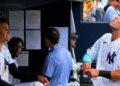 George Lombard Jr. and Spencer Jones share a light moment during the Yankees' 8-3 win over the Blue Jays, New York, August 23, 2026.