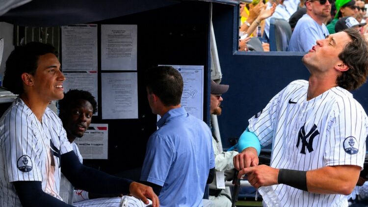 George Lombard Jr. and Spencer Jones share a light moment during the Yankees' 8-3 win over the Blue Jays, New York, August 23, 2026.