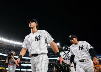 OF Spencer Jones and shortstop George Lombard after the Yankees' 10-5 win over the Mariners, New York, August 12, 2026.