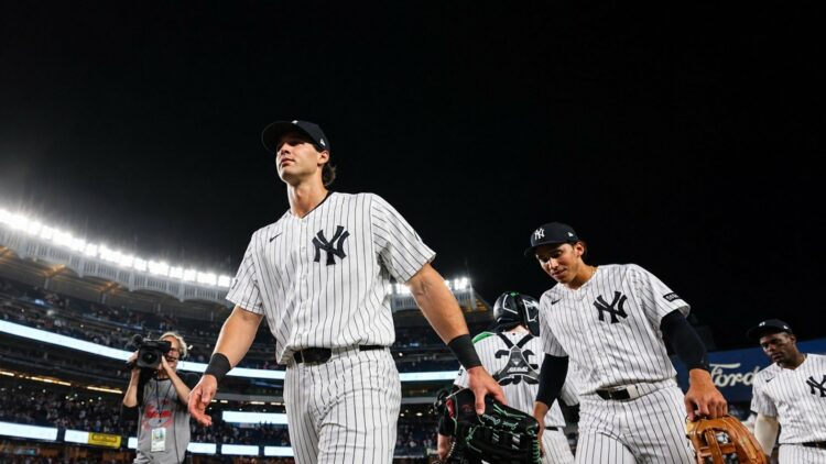 OF Spencer Jones and shortstop George Lombard after the Yankees' 10-5 win over the Mariners, New York, August 12, 2026.
