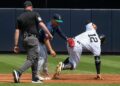 Trent Grisham was tagged after a strange jump at second base in the Yankees' 1-0 loss to the Mariners, New York, August 13, 2026.