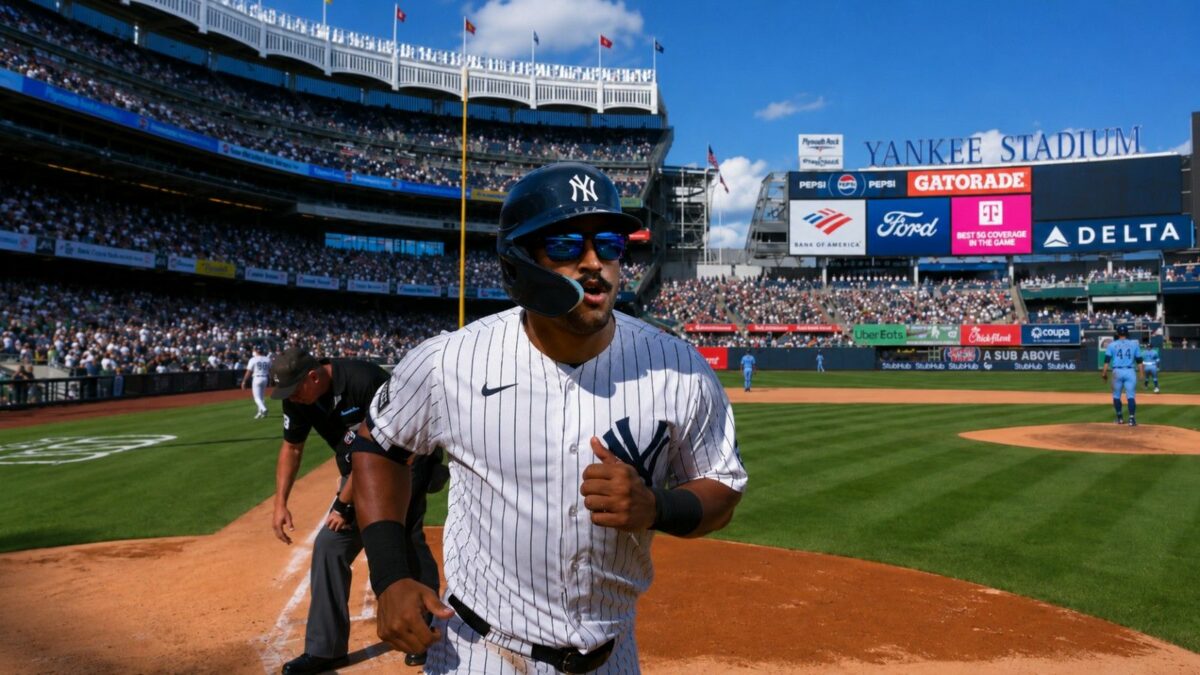 Trent Grisham rounds bases after his home run in the eight in the Yankees' 8-3 win over the Blue Jays, New York, August 23, 2026.