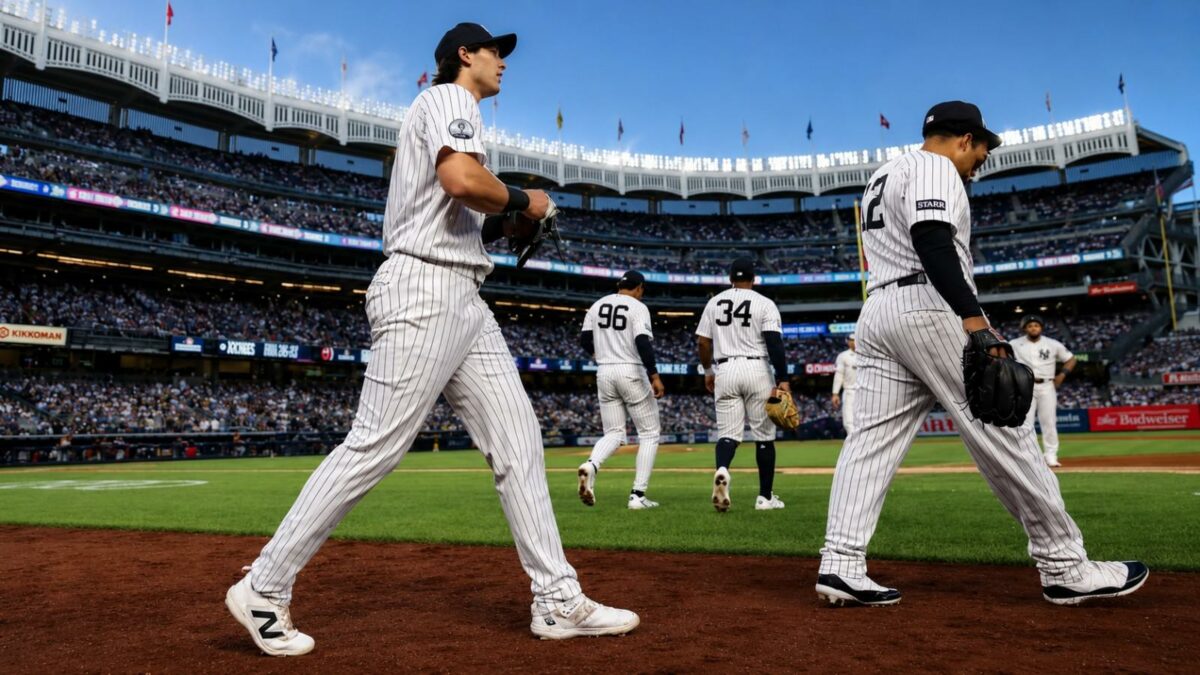 OFs Spencer Jones and Trent Grisham were returning to dugout after the Yankees' 10-5 win over the Mariners, New York, August 12, 2026.