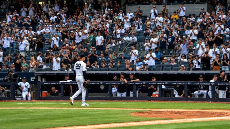 Will Warren gets a standing ovation as he leaves mound in the eight in the Yankees' 16-1 win over the Red Sox, New York, August 30, 2026.