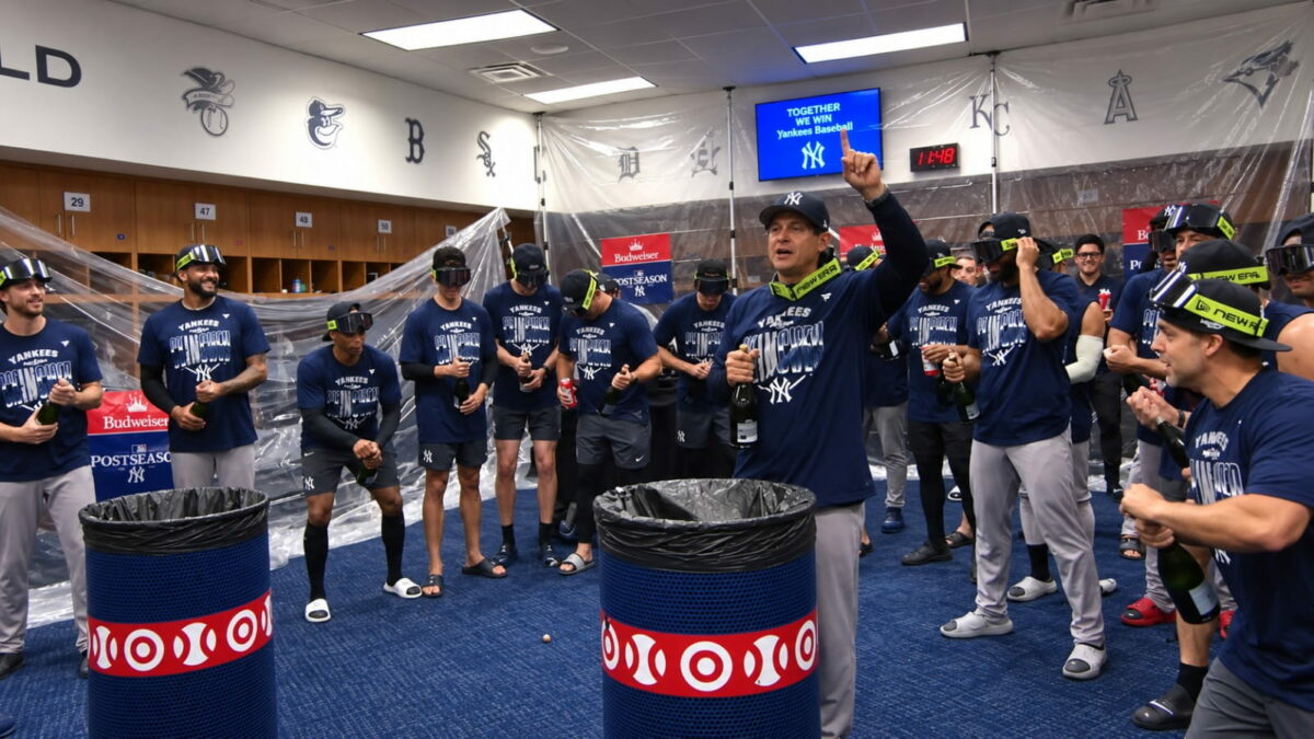 The Yankees celebrate their postseason clincher with champagne after 8-3 win over the Twins, Minnesota, September 14, 2026.