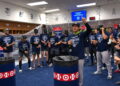The Yankees celebrate their postseason clincher with champagne after 8-3 win over the Twins, Minnesota, September 14, 2026.