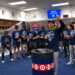 The Yankees celebrate their postseason clincher with champagne after 8-3 win over the Twins, Minnesota, September 14, 2026.