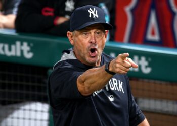 Aaron Boone after before he and pitching coach Matt Blake were ejected in the 10th in the Yankees' 6-3 win over the Angels, Anaheim, September 2, 2026.