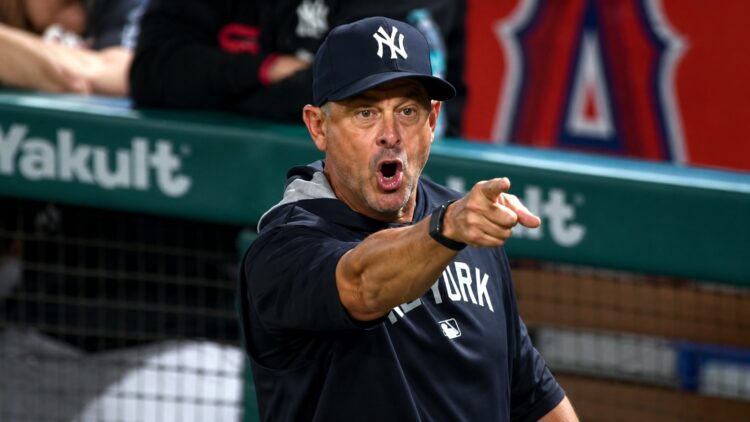 Aaron Boone after before he and pitching coach Matt Blake were ejected in the 10th in the Yankees' 6-3 win over the Angels, Anaheim, September 2, 2026.