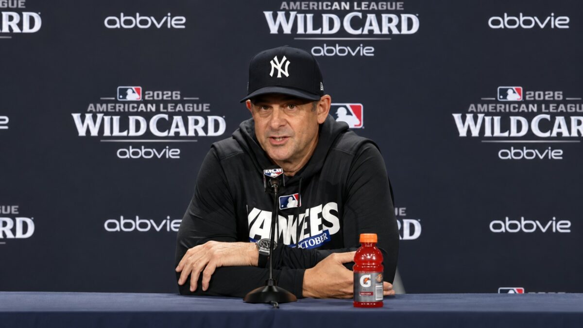 Manager Aaron Boone talks to the press after the Yankees' 9-0 rout of the Red Sox at Yankee Stadium, New York, September 29, 2026.