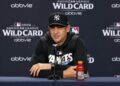 Manager Aaron Boone talks to the press after the Yankees' 9-0 rout of the Red Sox at Yankee Stadium, New York, September 29, 2026.