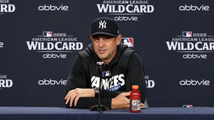 Manager Aaron Boone talks to the press after the Yankees' 9-0 rout of the Red Sox at Yankee Stadium, New York, September 29, 2026.