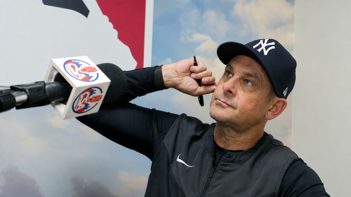 Manager Aaron Boone speaks to media after the Yankees' 7-3 win over the Angels, Anaheim, September 1, 2026.