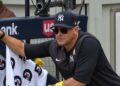 Aaron Boone reacts to Jasson Dominguez's error during the Yankees' 4-3 loss to the Padres, San Diego, September 6, 2026.