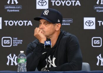 Manager Aaron Boone talks to reporters after the Yankees' 5-3 win over the Rockies, New York, September 8, 2026.