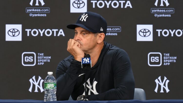 Manager Aaron Boone talks to reporters after the Yankees' 5-3 win over the Rockies, New York, September 8, 2026.
