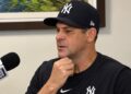 Aaron Boone speaks to reporters after the Yankees' 5-3 loss to the Diamondbacks in Phoenix, Arizona, September 19, 2026.