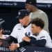 George Lombard Jr. and Aaron Judge are looking at an iPad during the Yankees' 10-3 win over the Rockies, New York, September 10, 2026.