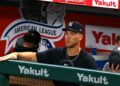 Aaron Judge reacts to Caballero's error during the Yankees' 1o-1 loss to the Angels, Anaheim, August 31, 2026.