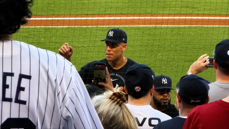 Aaron Judge meets fans prior to the Yankees' 6-3 win over the Angels, Anaheim, September 2, 2026.
