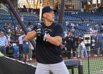 Aaron Judge takes batting practice prior to the Yankees-Padres game, San Diego, September 4, 2026.