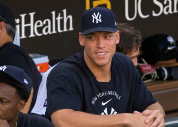 Aaron Judge smiles in the dugout after the Yankees' 5-1 win over the Padres, San Diego, September 5, 2026.