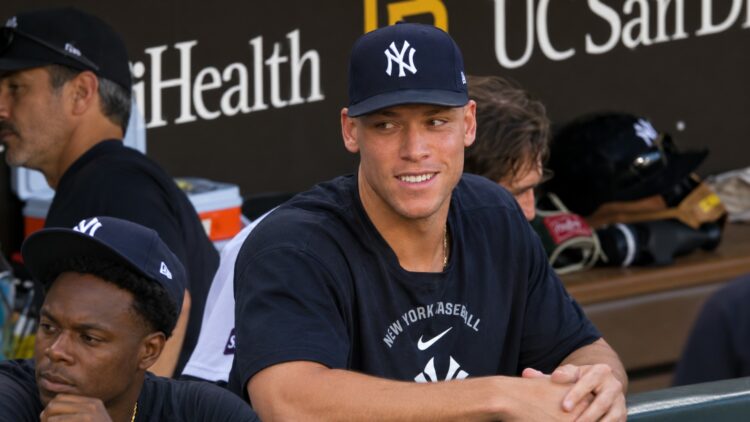 Aaron Judge smiles in the dugout after the Yankees' 5-1 win over the Padres, San Diego, September 5, 2026.