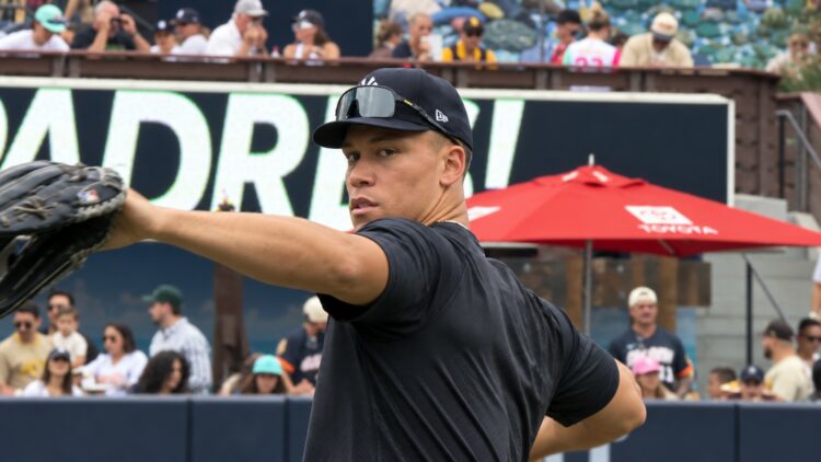 Aaron Judge throws during the training at Petco Park before the Yankees-Padres game, San Diego, September 6, 2026.
