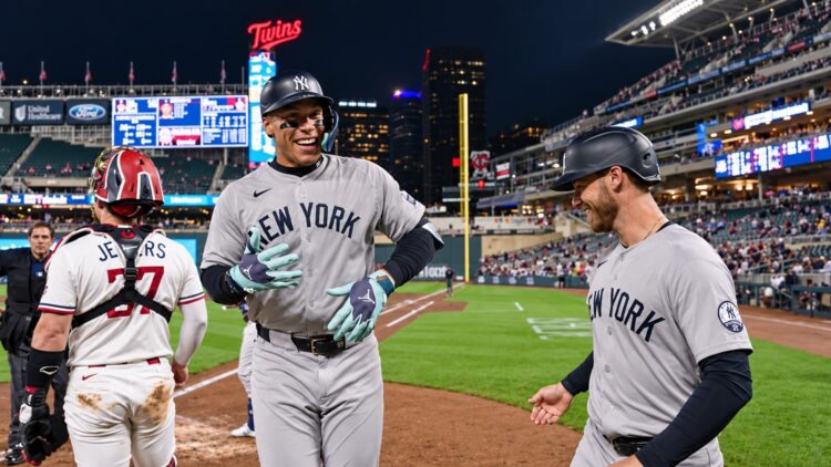 Aaron Judge celebrates it with Bellinger after his home run in the Yankees' 8-3 win over the Twins, Minnesota, September 14, 2026.