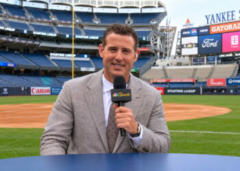 Anthony Rizzo at NBC booth during the Yankees' 9-0 rout of the Red Sox at Yankee Stadium, New York, September 30, 2026.