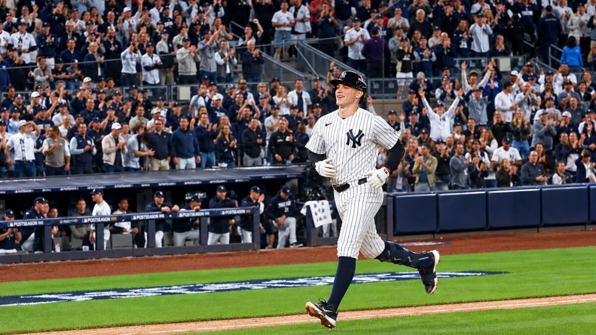 Ben Rice rounds bases after his grand slam the Yankees' 9-0 rout of the Red Sox at Yankee Stadium, New York, September 29, 2026.